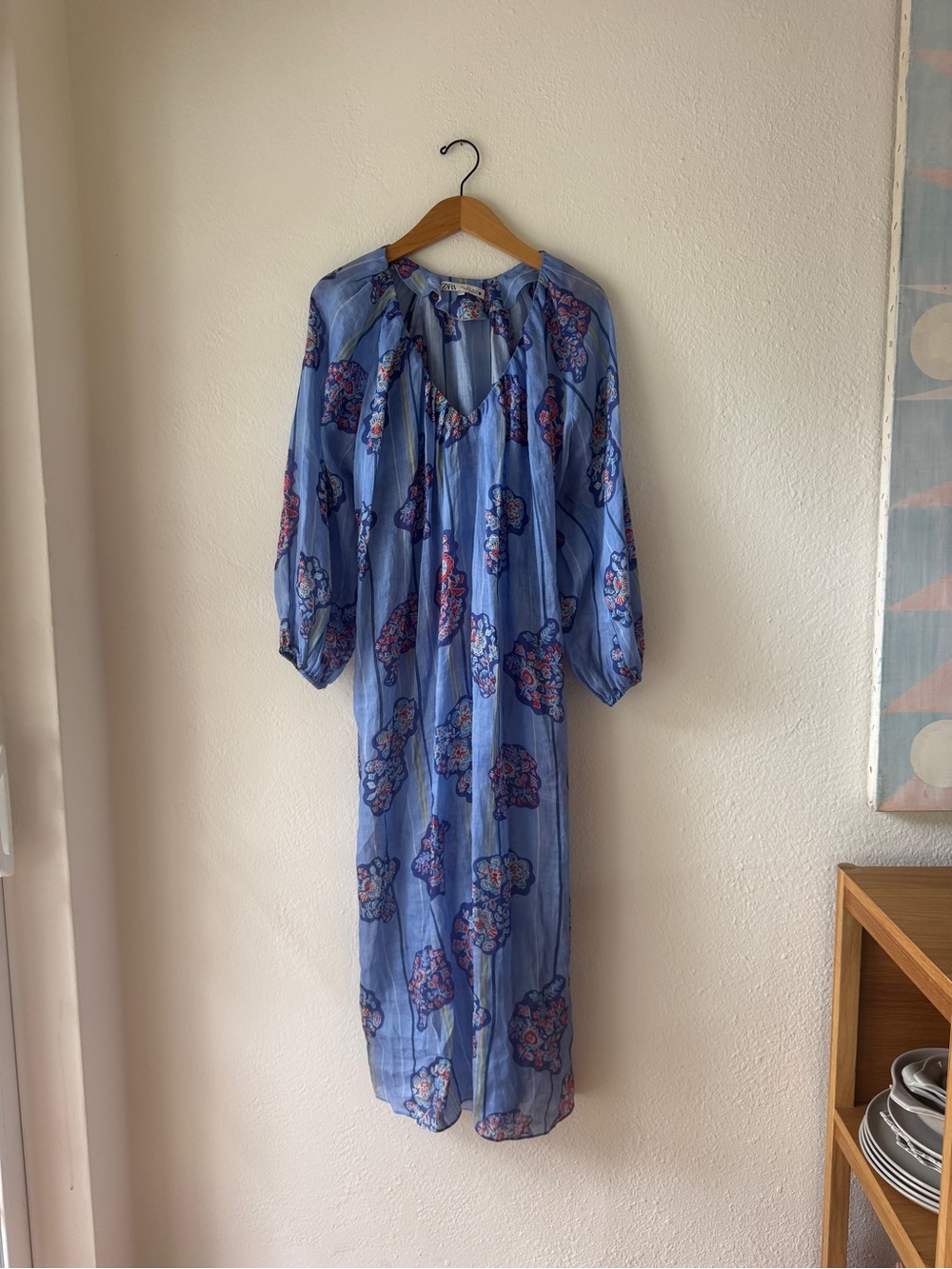 Zara size S Light Blue Floral Midi Dress with Balloon Sleeves